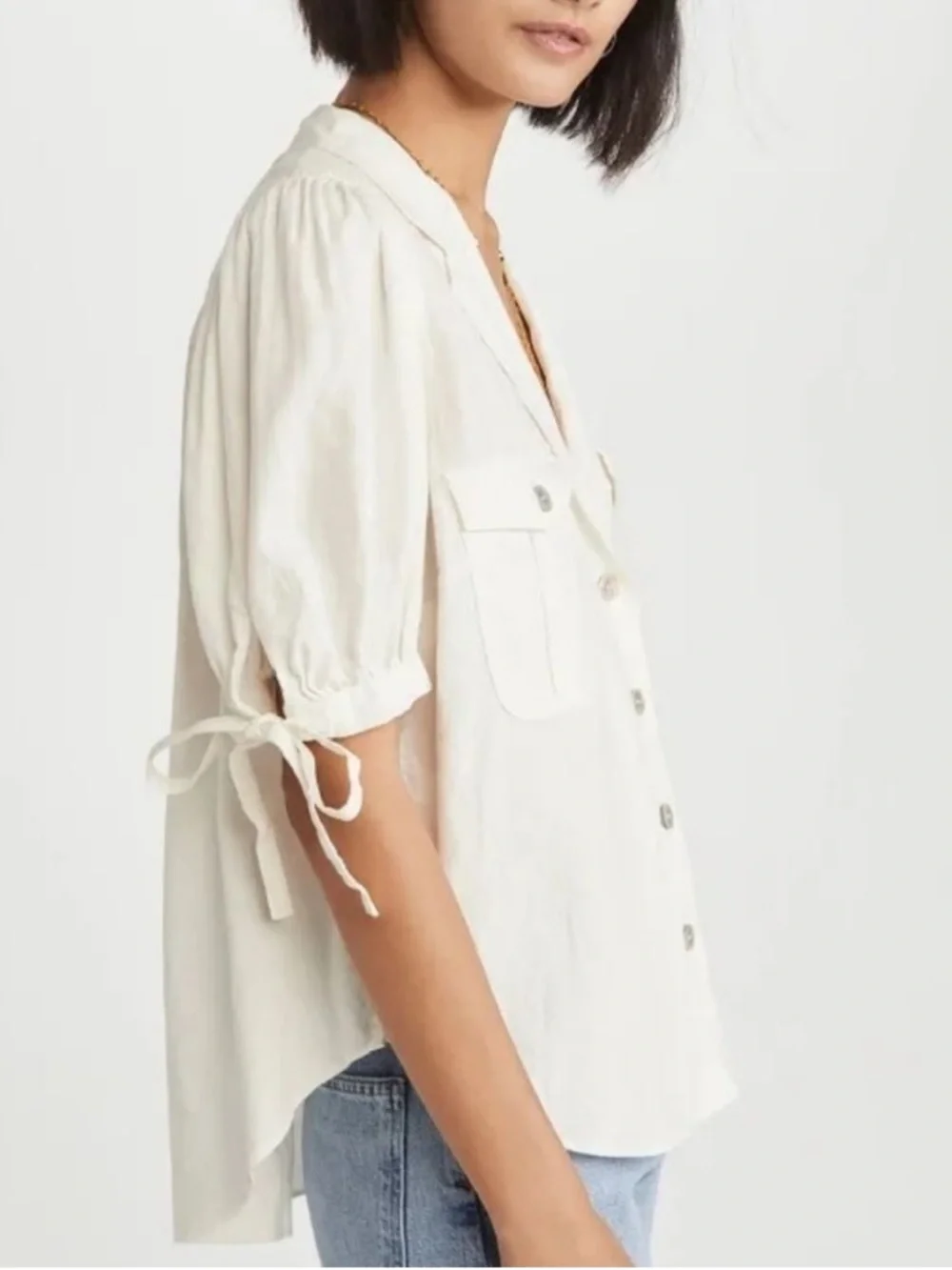 Free People Safari Babe Linen Blend Tie Puff Sleeve Top In Angel Food Small